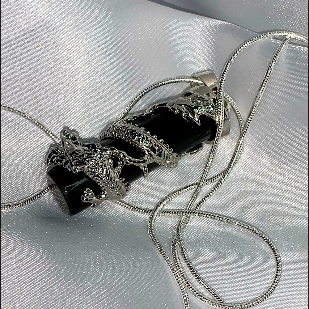 Onyx and Silver dragon pendant in a silver chain